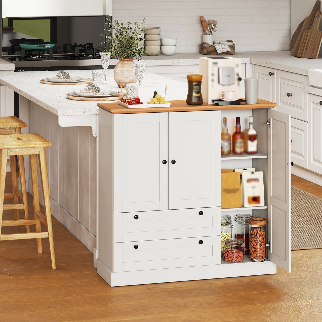 Kitchen Storage Cabinet with 3 Doors 2 Drawers and Adjustable Shelf
